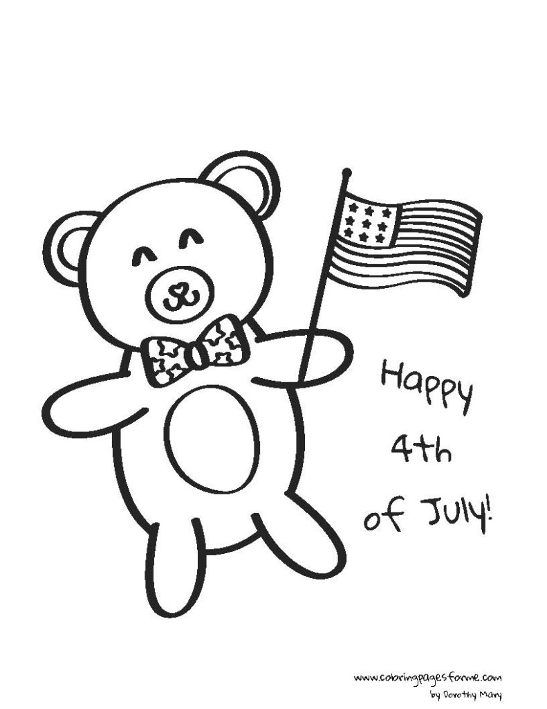free and printable teddy and american flag celebrating 4th of july coloring page for kids