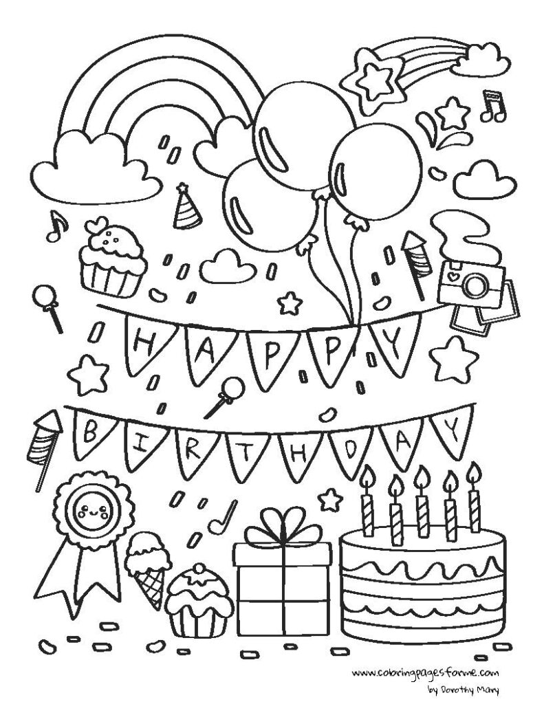 birthday party scene with happy birthday text coloring page for kids