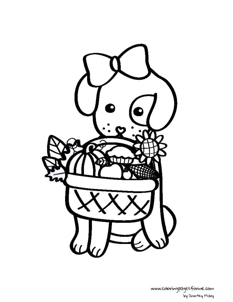 thanksgiving dog with a basket full of food coloring page for kids