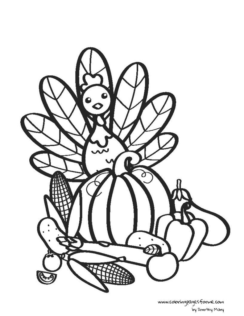 thanksgiving day turkey and food coloring page for kids