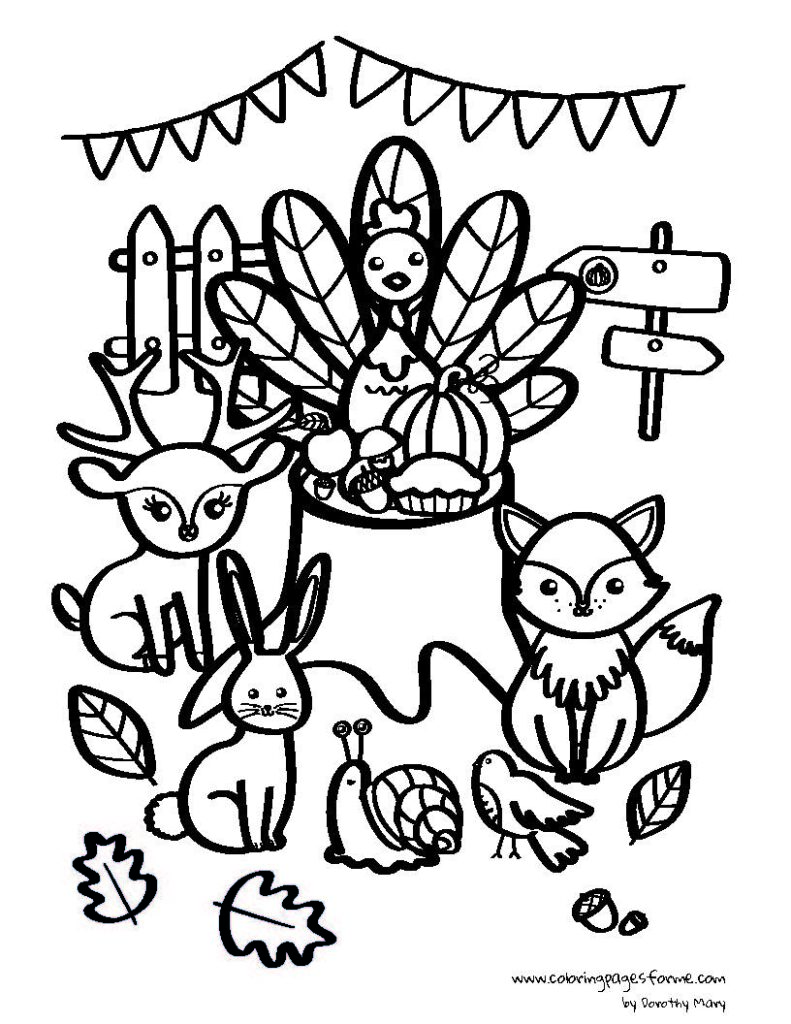 thanksgiving day feast turkey and forest animals coloring page for kids