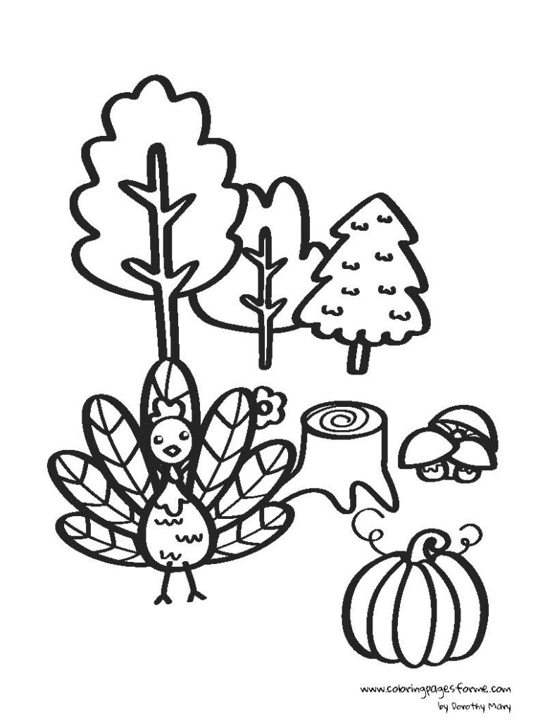 thanksgiving turkey in the forest coloring page for children